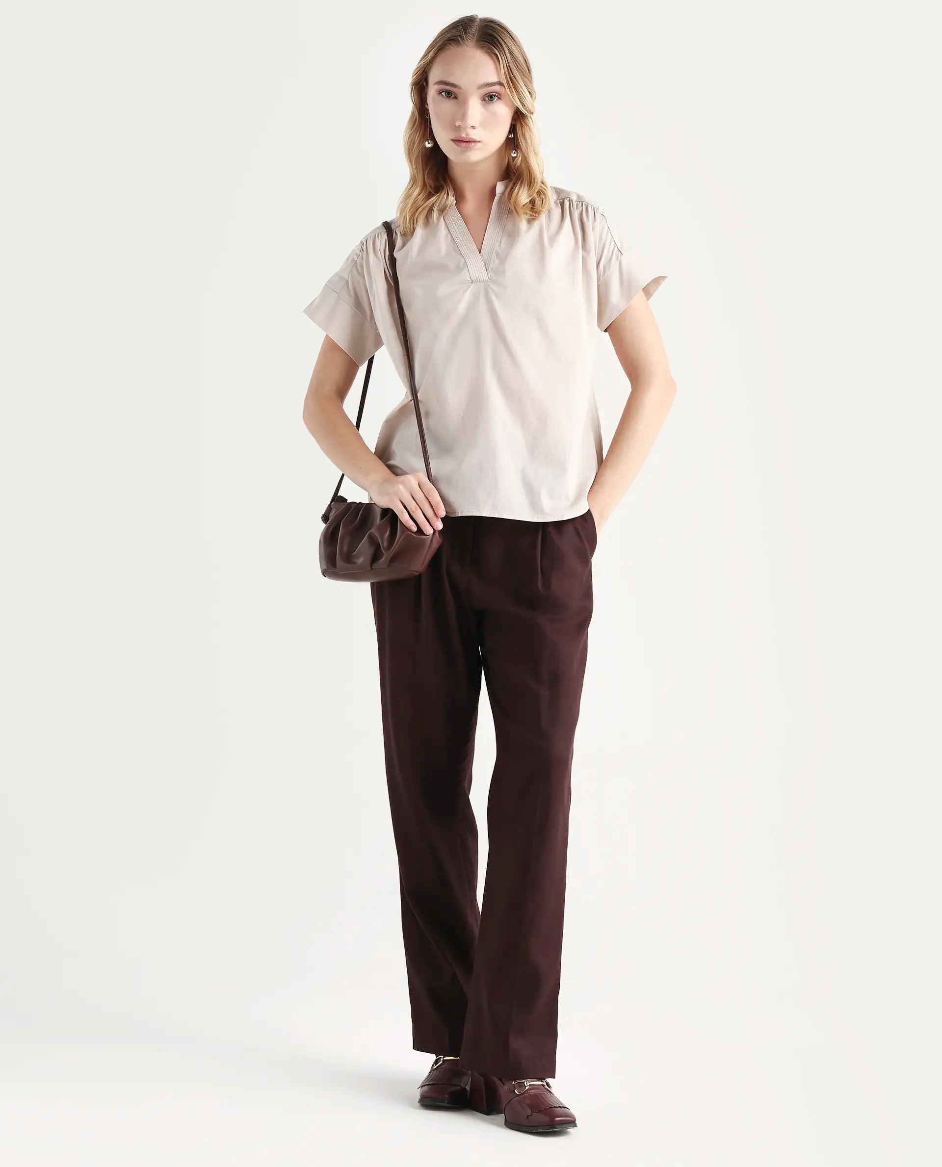 Rareism Women's Nupto Beige Cotton Mandarin Collar Relaxed Fit Plain Top | RAREISM at Broadway