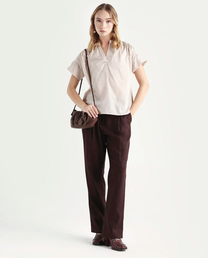 Rareism Women's Nupto Beige Cotton Mandarin Collar Relaxed Fit Plain Top | RAREISM at Broadway