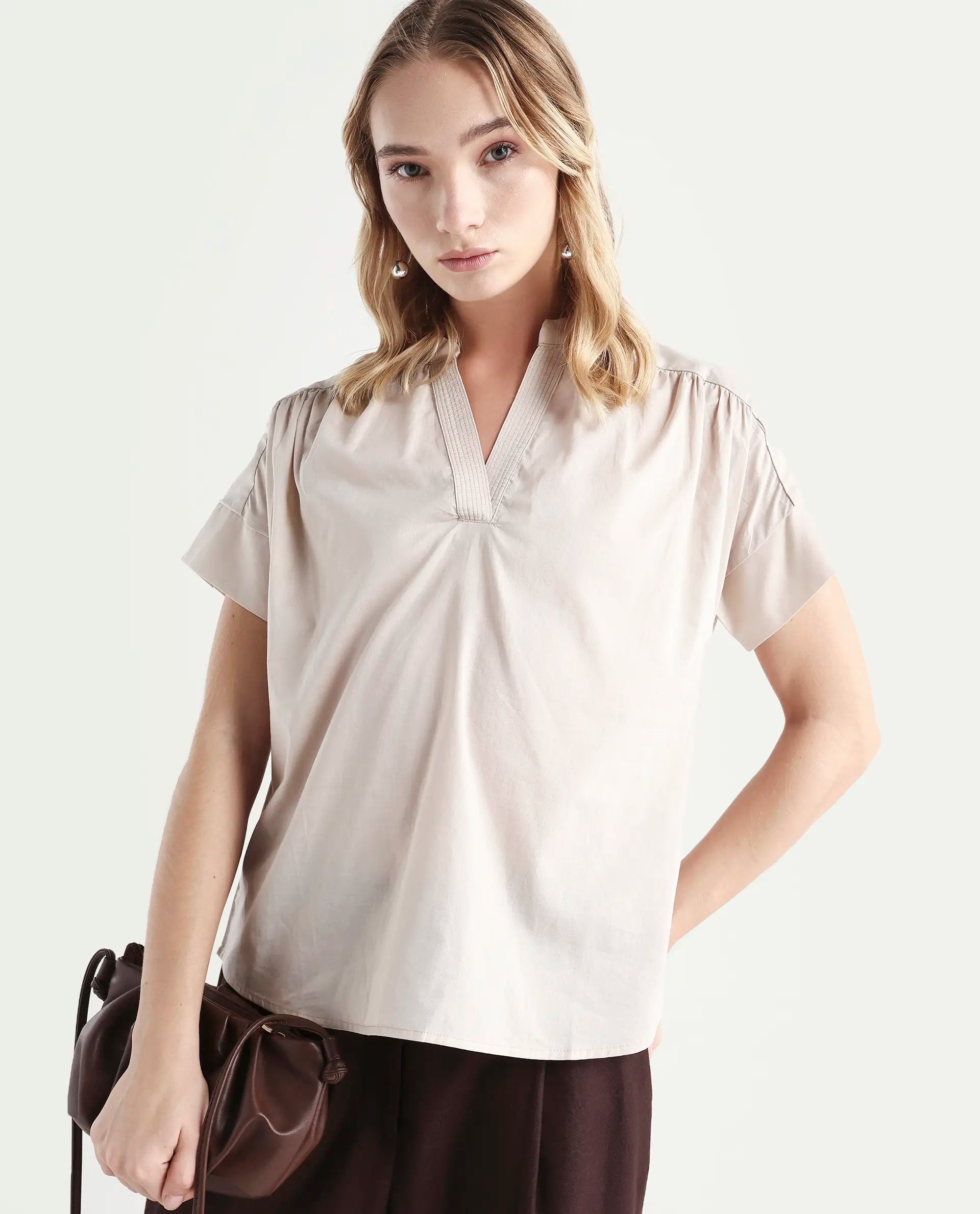 Rareism Women's Nupto Beige Cotton Mandarin Collar Relaxed Fit Plain Top | RAREISM at Broadway