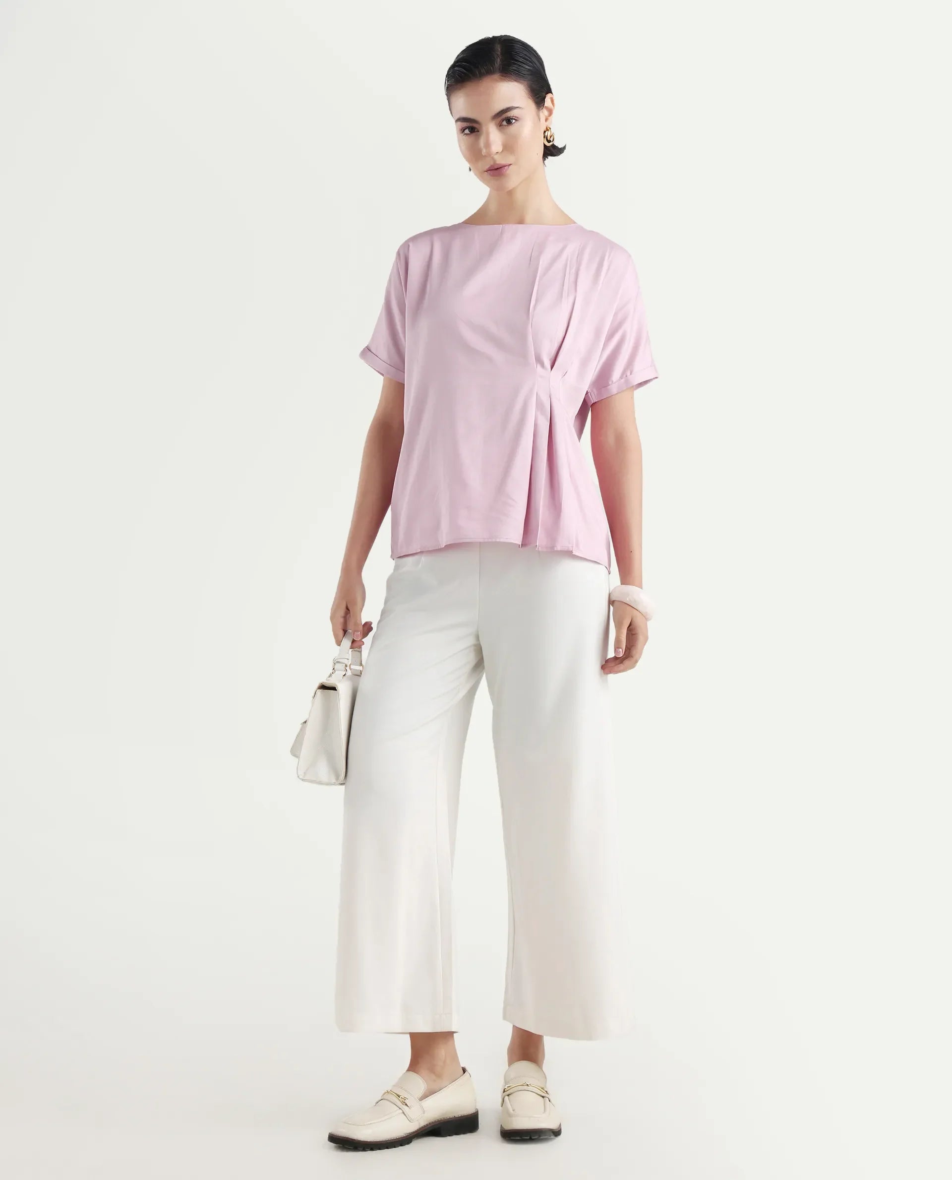 Rareism Women's Niyol Dusky Pink Cotton Blend Round Neck Regular Fit Plain Top | RAREISM at Broadway