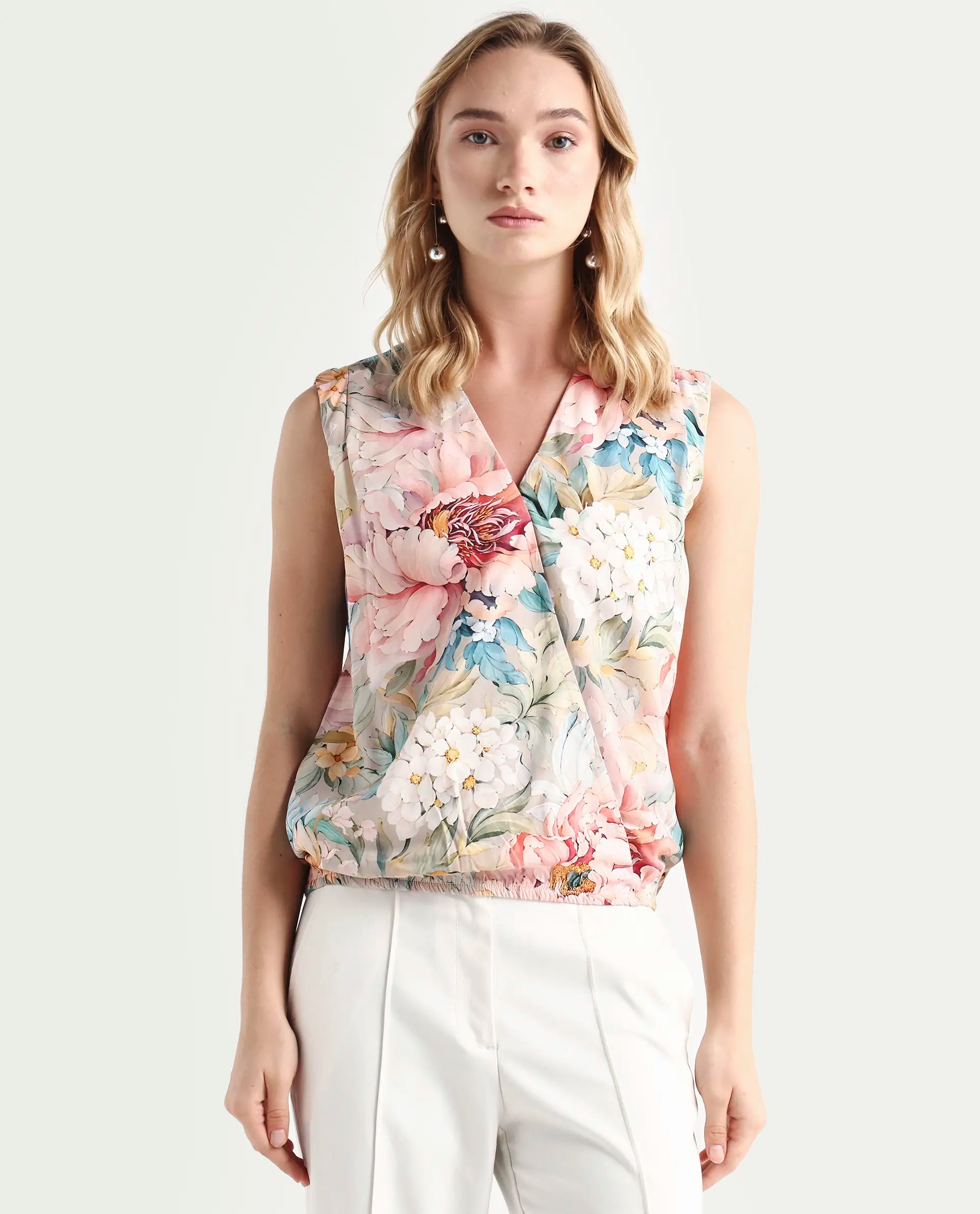 Rareism Women's Nujit Light Multi Viscose Sleeveless Over Lap Neck Regular Fit Top | RAREISM at Broadway