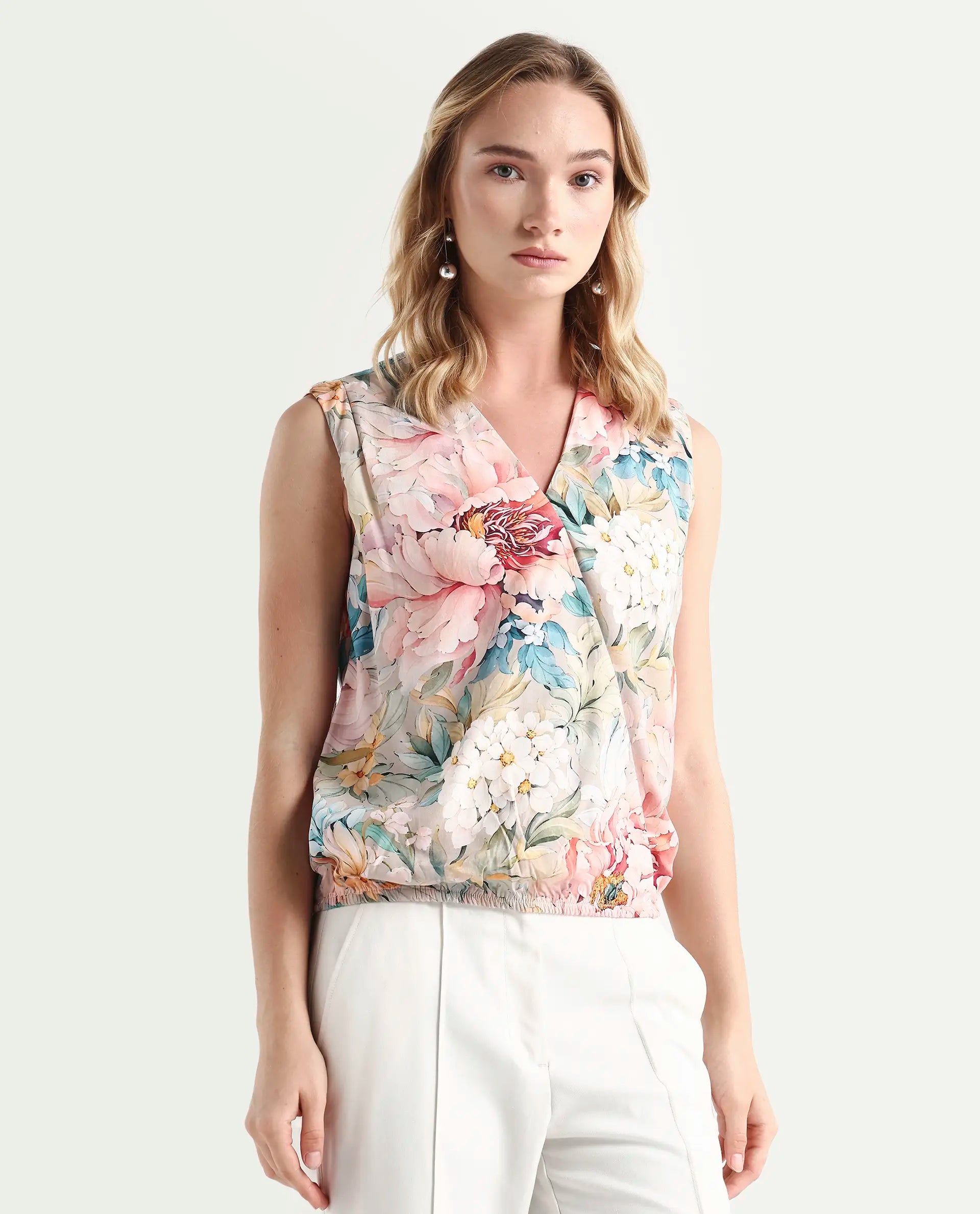 Rareism Women's Nujit Light Multi Viscose Sleeveless Over Lap Neck Regular Fit Top | RAREISM at Broadway