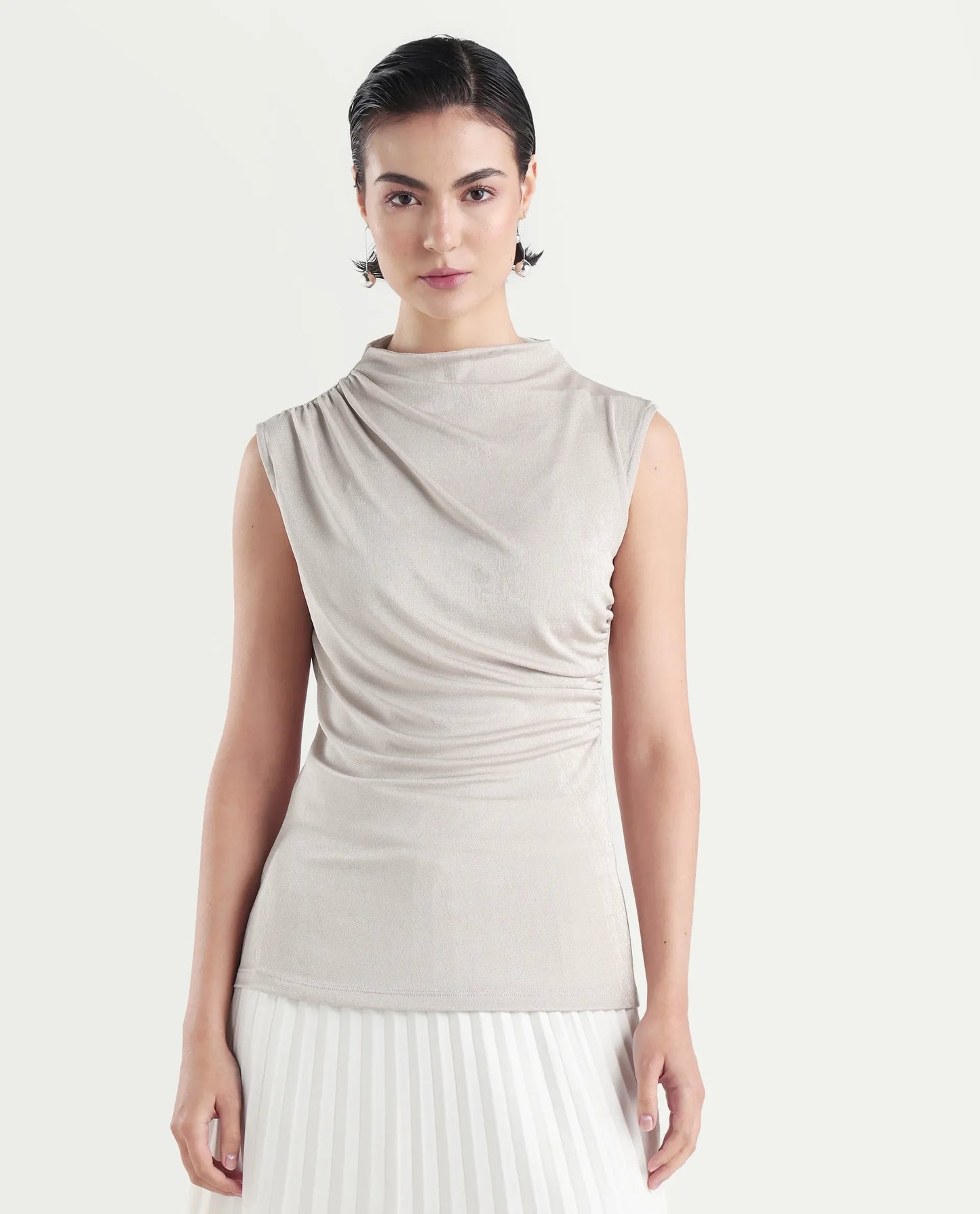 Rareism Women's Zoptus Light Beige Cotton High Neck Regular Fit Plain Top | RAREISM at Broadway