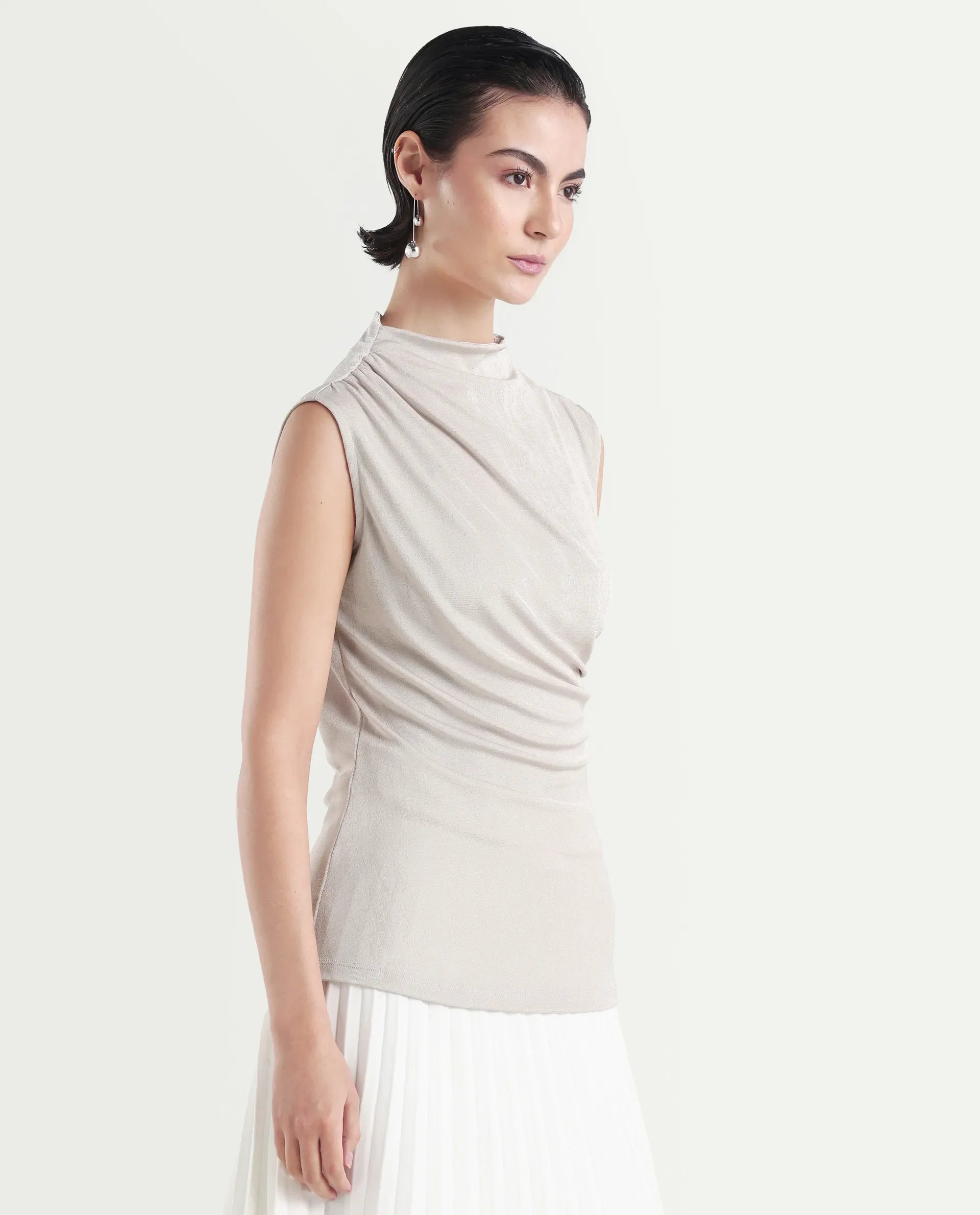 Rareism Women's Zoptus Light Beige Cotton High Neck Regular Fit Plain Top | RAREISM at Broadway
