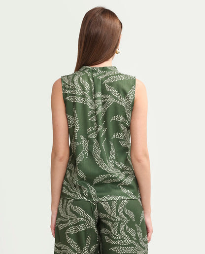 Rareism Women's Vadir-T Olive Polyester Sleeveless Regular Fit Abstract Print Top
