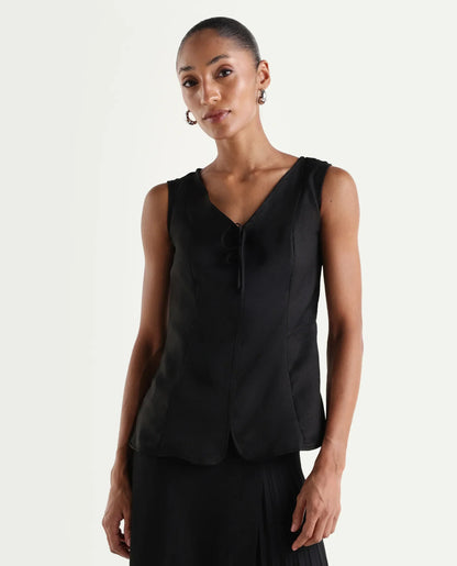 Rareism Women's Valton Black Polyester Sleeveless Regular Fit Plain Top