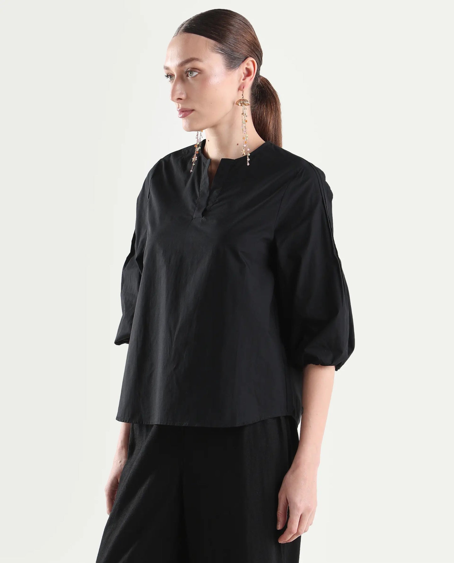 Rareism Women's Varek Black Cotton 3/4Th Sleeve Relaxed Fit Plain Top