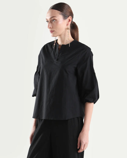 Rareism Women's Varek Black Cotton 3/4Th Sleeve Relaxed Fit Plain Top