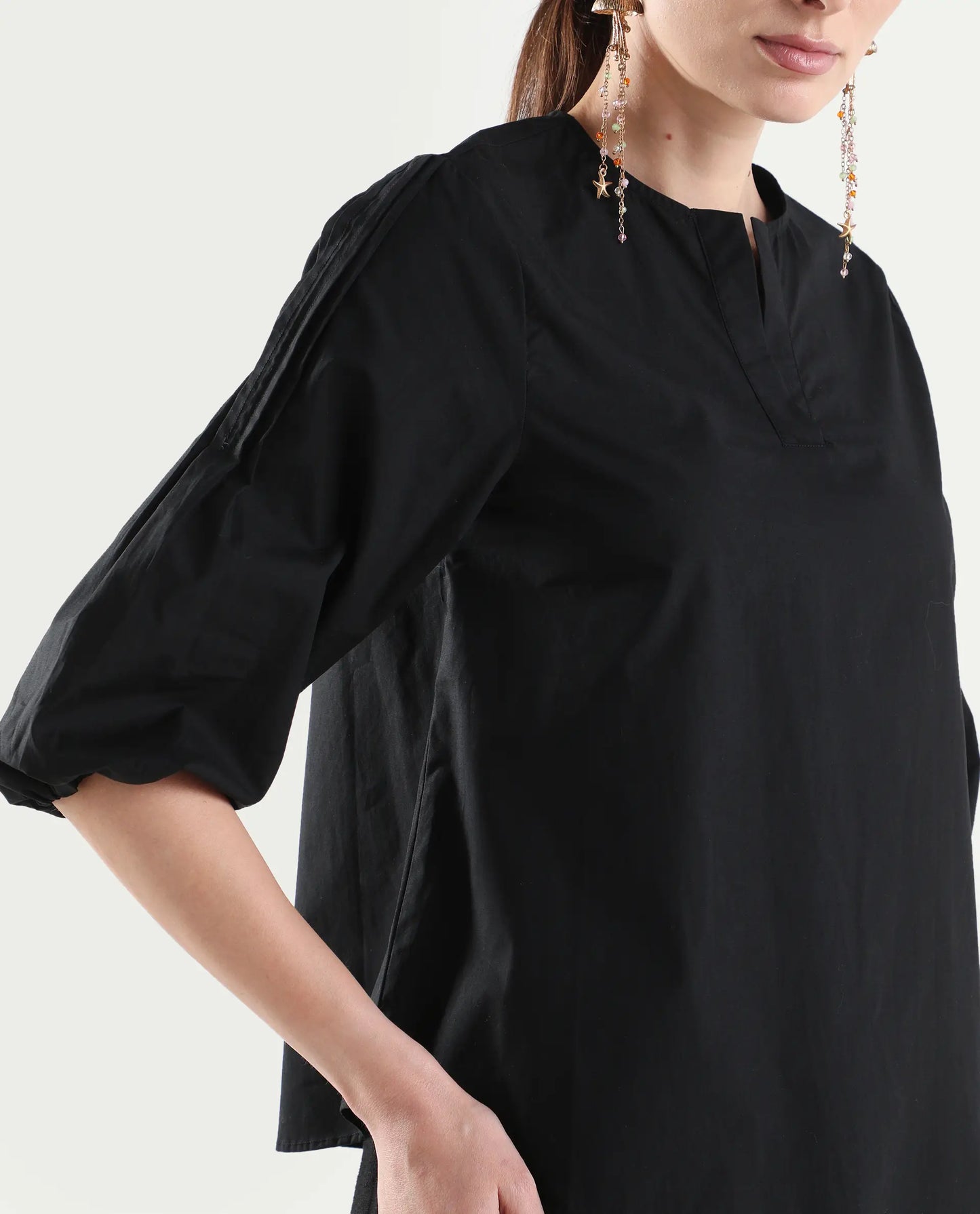 Rareism Women's Varek Black Cotton 3/4Th Sleeve Relaxed Fit Plain Top