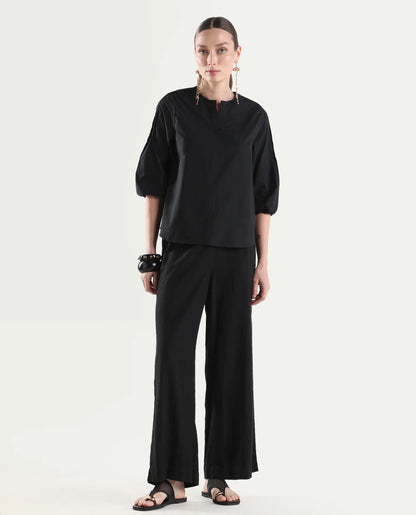 Rareism Women's Varek Black Cotton 3/4Th Sleeve Relaxed Fit Plain Top