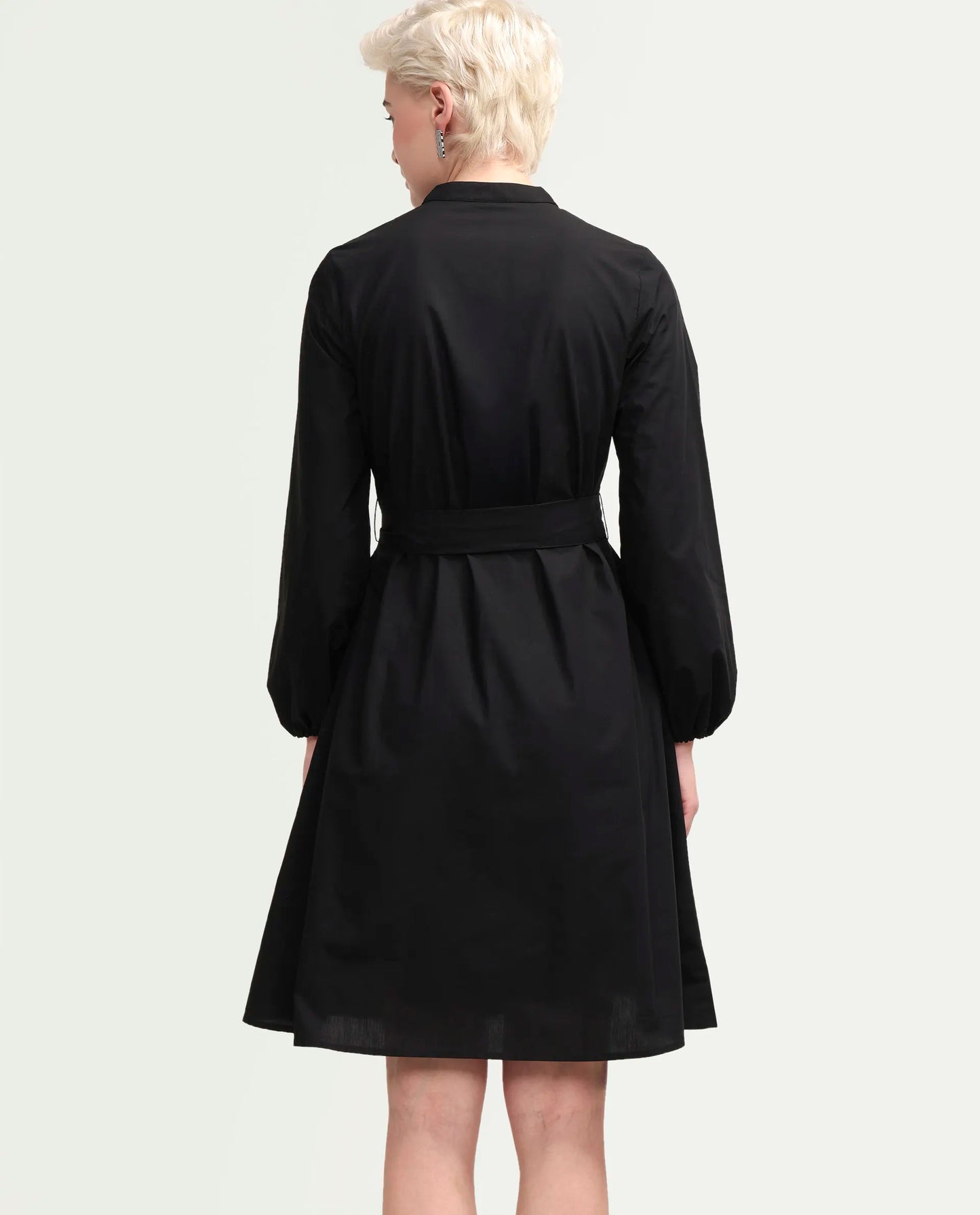 Rareism Women's Vayda Black Cotton Full Sleeve A-Line Plain Dress