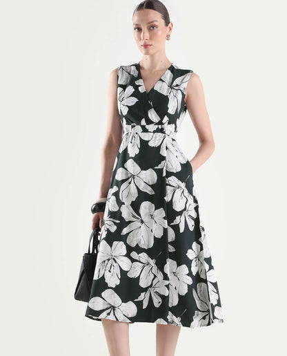 Rareism Women's Vlbee Black Viscose Sleeveless A-Line Floral Print Dress