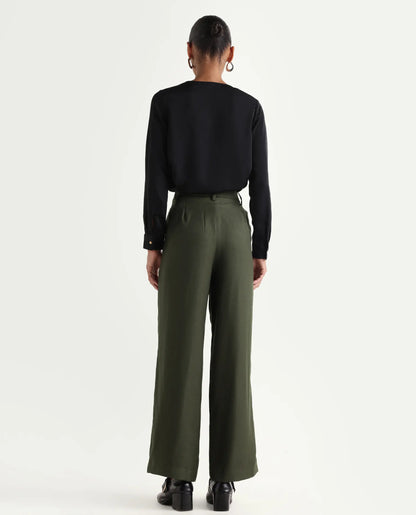 Rareism Women's Vrait Olive Polyester Straight Plain Trouser