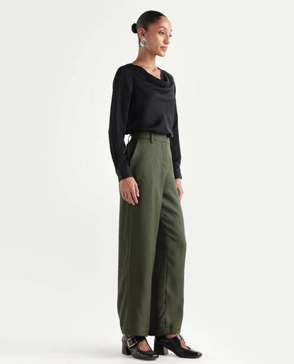Rareism Women's Vrait Olive Polyester Straight Plain Trouser