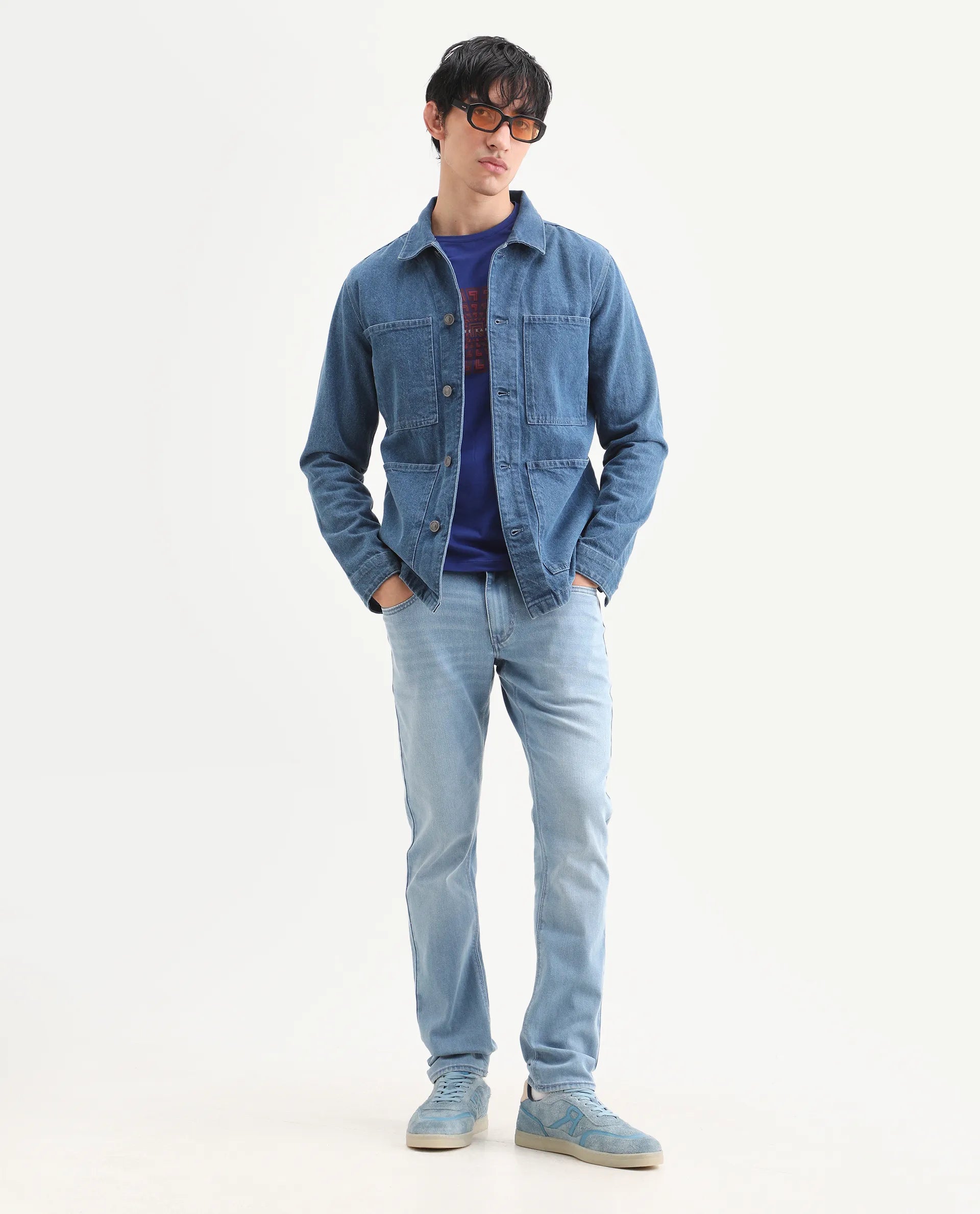 Rare Rabbit Men's Aby Light Blue Cotton Blend Fabric Hawk Slim Fit Plain Jeans | Rare Rabbit at Broadway