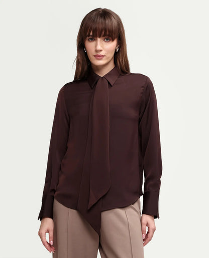 Rareism Women's Aviol S-26 Brown Full Sleeve Spread Collar Regular Top