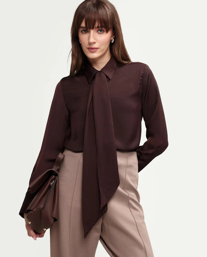 Rareism Women's Aviol S-26 Brown Full Sleeve Spread Collar Regular Top
