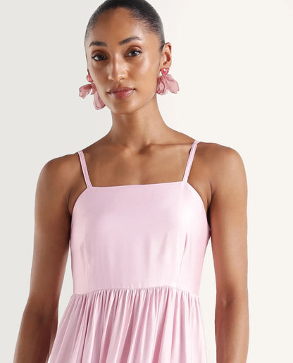 Rareism Women's Mezozo Light Pink Viscose Sleeveless Square Neck Fit And Flare Floral Print Dress