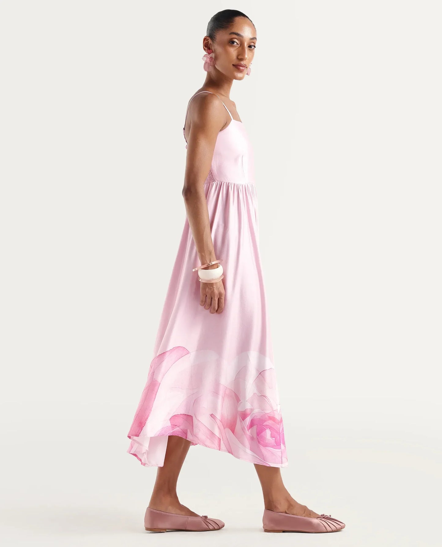 Rareism Women's Mezozo Light Pink Viscose Sleeveless Square Neck Fit And Flare Floral Print Dress