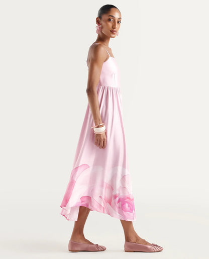 Rareism Women's Mezozo Light Pink Viscose Sleeveless Square Neck Fit And Flare Floral Print Dress