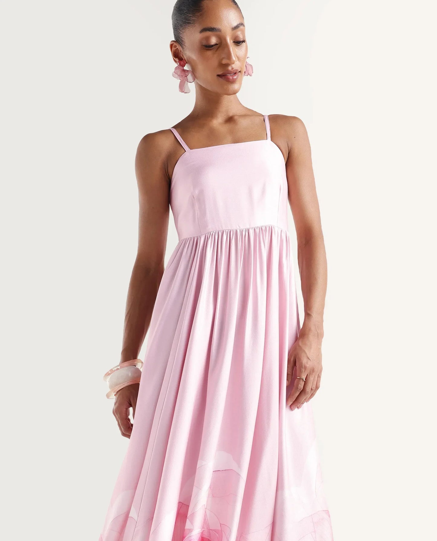 Rareism Women's Mezozo Light Pink Viscose Sleeveless Square Neck Fit And Flare Floral Print Dress