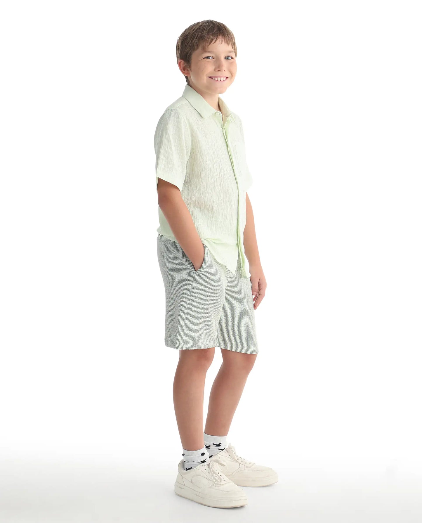 Rare Ones Kids John26-B Light Green Cotton Blend Fabric Drawstring Closure Regular Fit Shorts