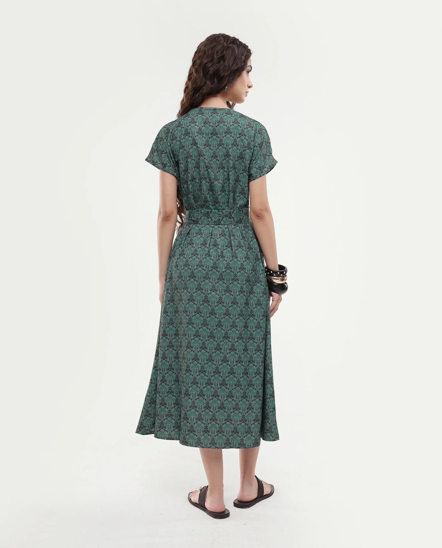 Rareism Women's Addani Dark Green Polyester Fabric Half Sleeve Crew Neck A-Line Floral Print Dress