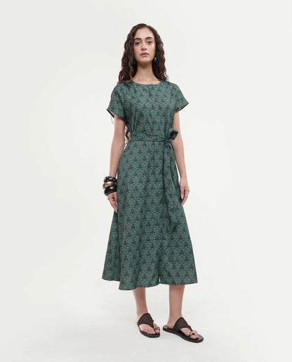 Rareism Women's Addani Dark Green Polyester Fabric Half Sleeve Crew Neck A-Line Floral Print Dress