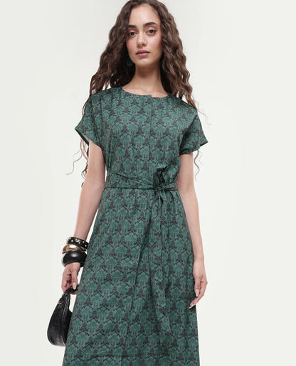 Rareism Women's Addani Dark Green Polyester Fabric Half Sleeve Crew Neck A-Line Floral Print Dress