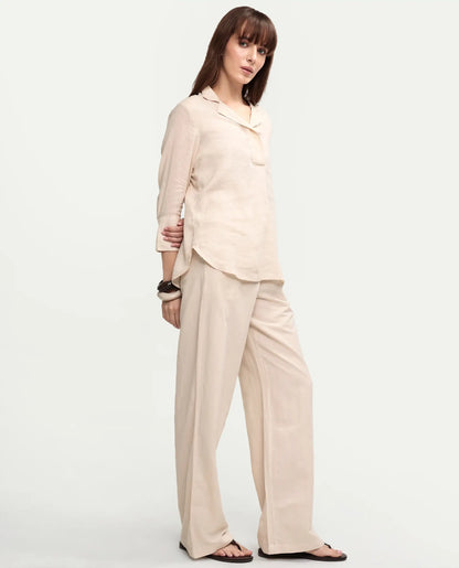 Rareism Women's Uniq Beige Linen Blend Fabric Straight Plain Trouser