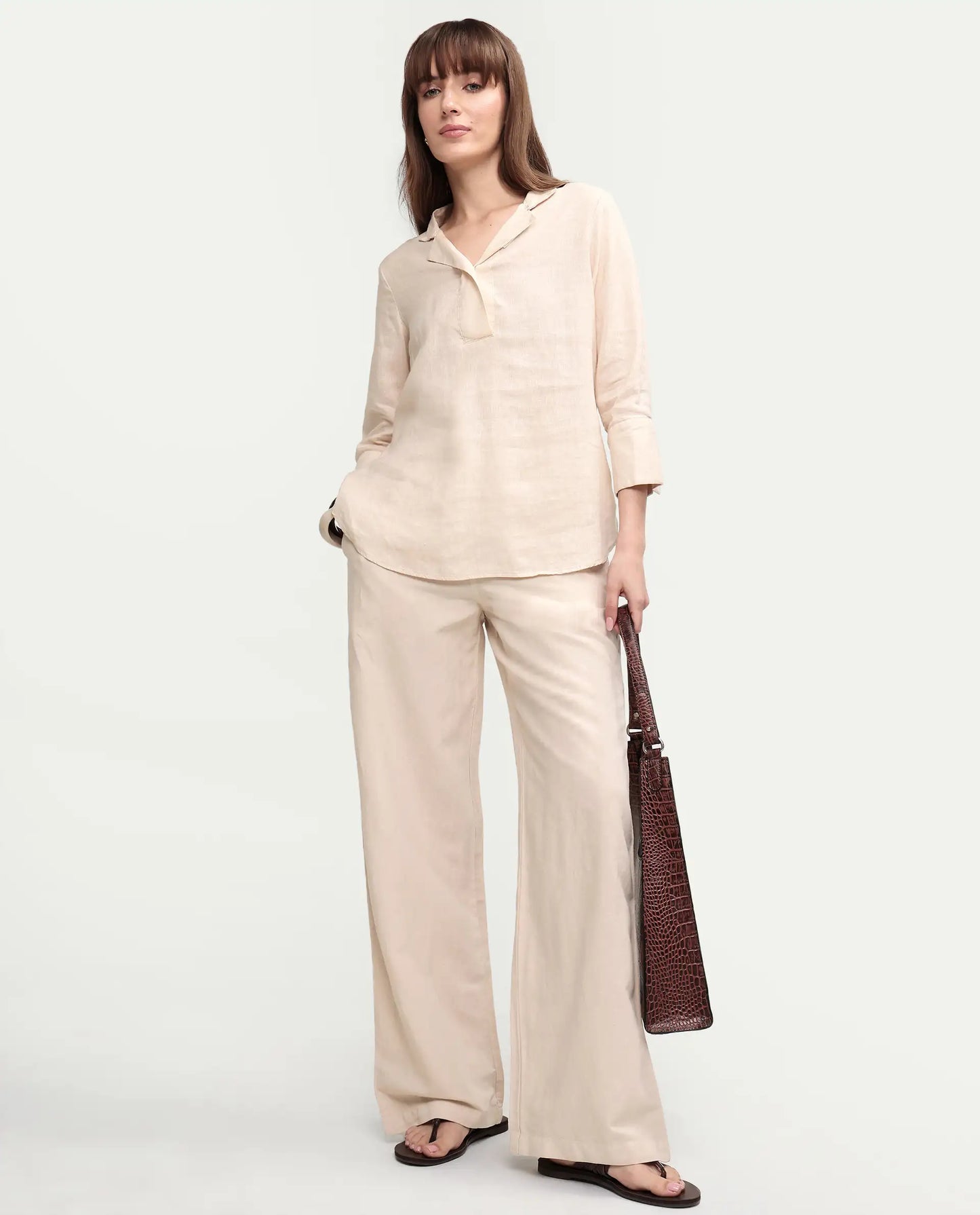 Rareism Women's Uniq Beige Linen Blend Fabric Straight Plain Trouser