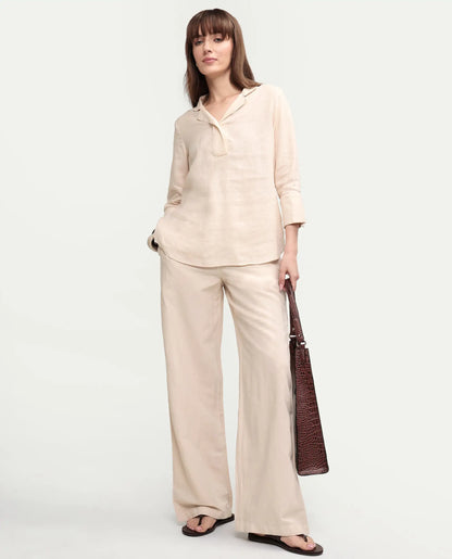 Rareism Women's Uniq Beige Linen Blend Fabric Straight Plain Trouser