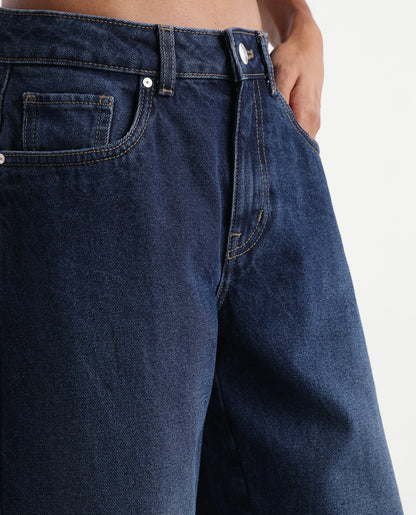 Rareism Women's Talbin Dark Blue Cotton Tall Barrel Fit Plain Jeans