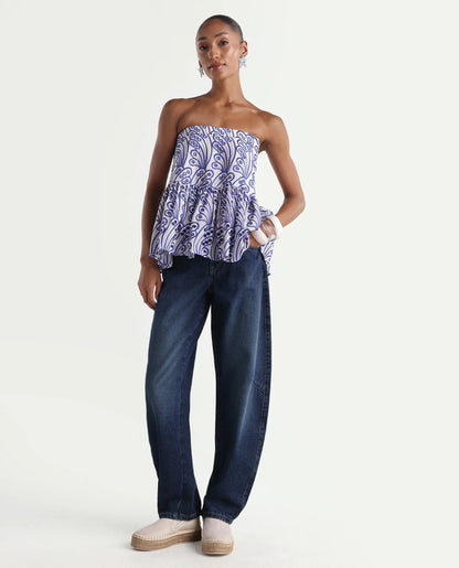 Rareism Women's Talbin Dark Blue Cotton Tall Barrel Fit Plain Jeans