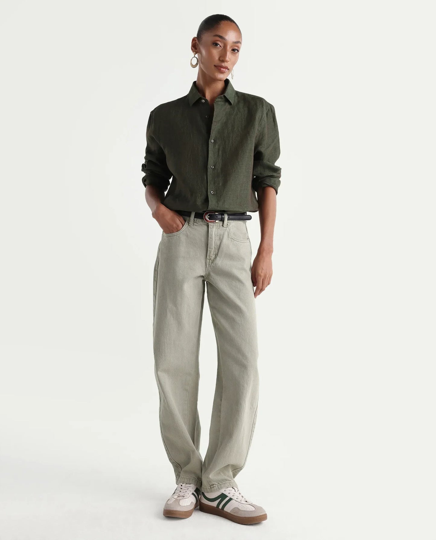 Rareism Women's Talbo Olive Cotton Plain Tall Barrel Fit Jeans