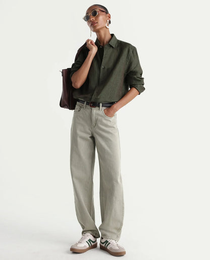 Rareism Women's Talbo Olive Cotton Plain Tall Barrel Fit Jeans