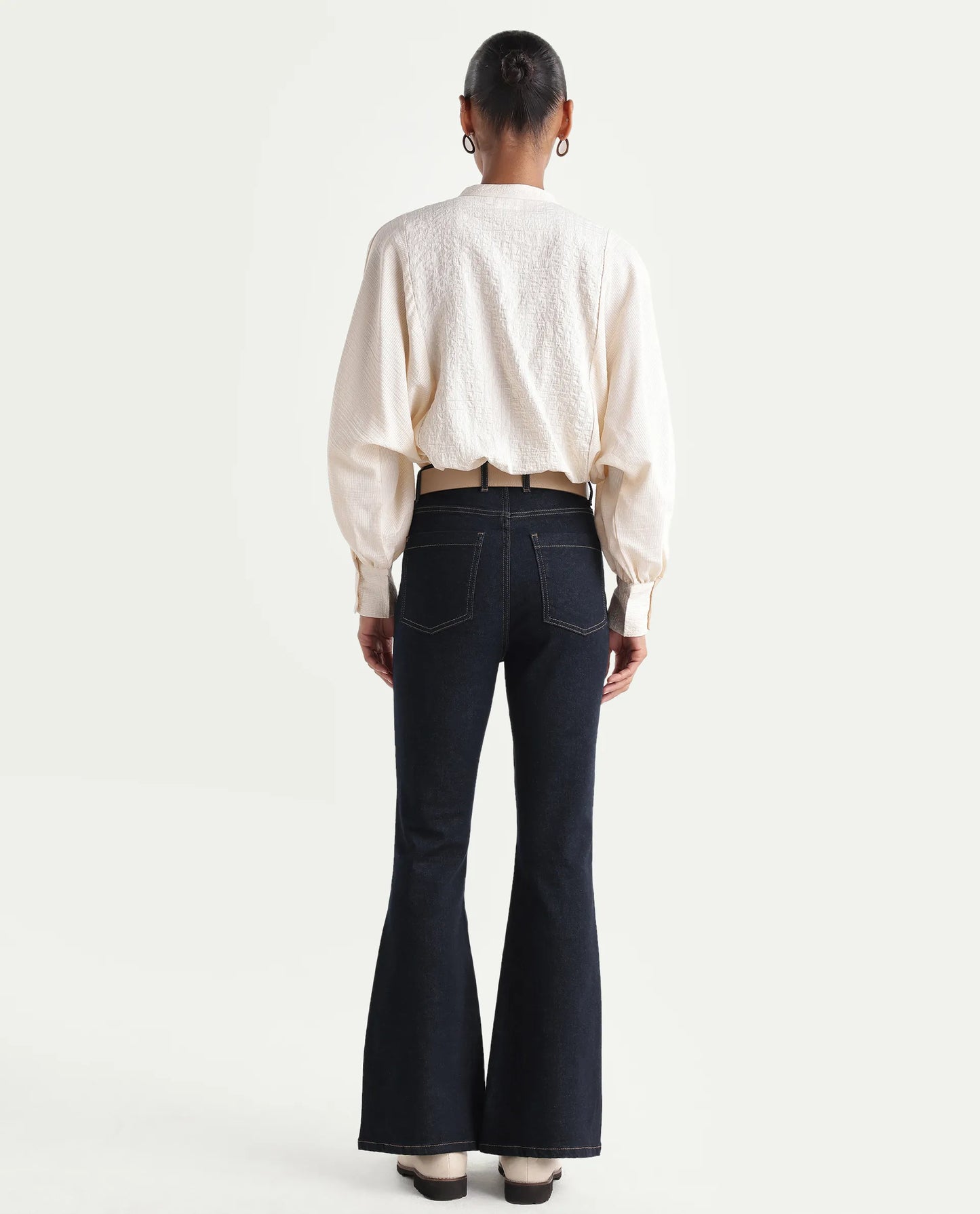 Rareism Women's Benon Dark Navy Cotton Blend Bootcut Plain Jeans