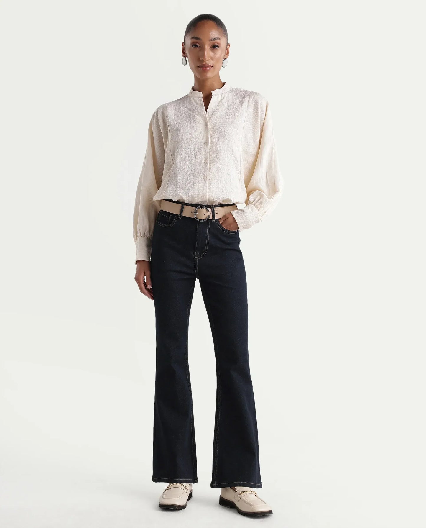 Rareism Women's Benon Dark Navy Cotton Blend Bootcut Plain Jeans