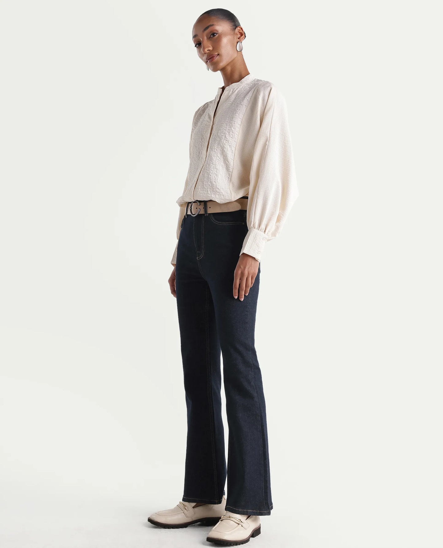 Rareism Women's Benon Dark Navy Cotton Blend Bootcut Plain Jeans