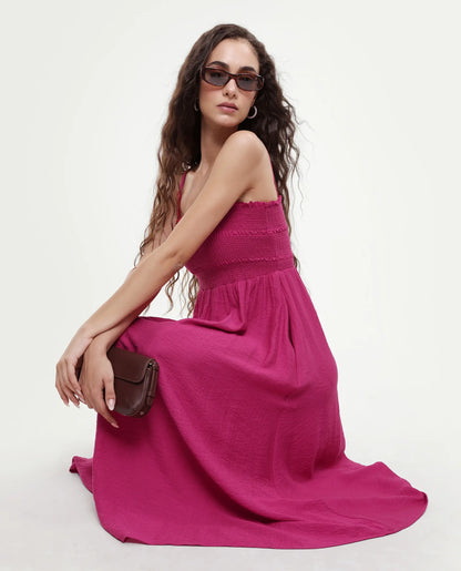 Rareism Women's Addzozo Pink Viscose Blend Sleeveless Tube Neck Elastic Fit And Flare Plain Dress