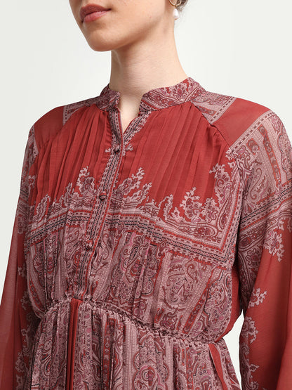 Rareism Women's Addene Rust Polyester Mandarin Collar Button Flared Bandana Print Dress