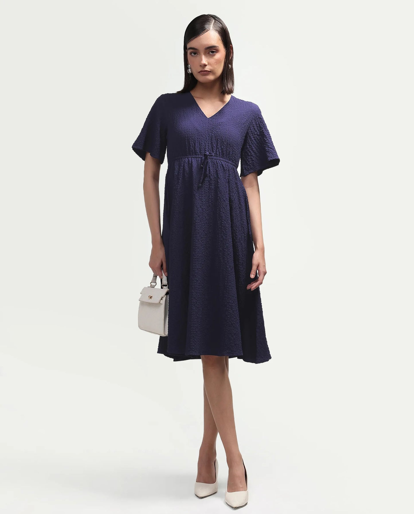 Rareism Women's Vondien Navy Polyester V-Neck Flared Plain Dress
