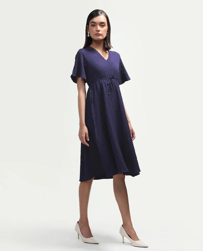 Rareism Women's Vondien Navy Polyester V-Neck Flared Plain Dress