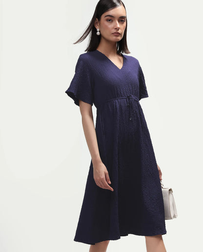 Rareism Women's Vondien Navy Polyester V-Neck Flared Plain Dress
