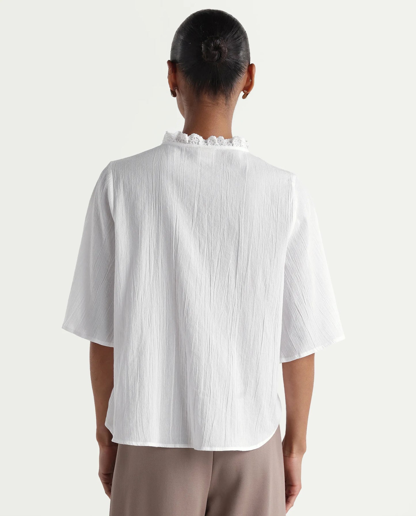 Rareism Women's Velpa White Cotton Ruffled Neck Relaxed Plain Top