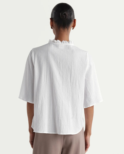 Rareism Women's Velpa White Cotton Ruffled Neck Relaxed Plain Top