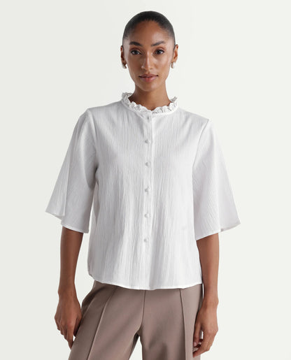 Rareism Women's Velpa White Cotton Ruffled Neck Relaxed Plain Top