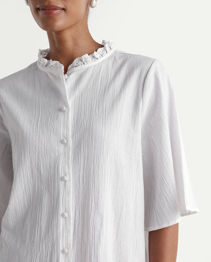 Rareism Women's Velpa White Cotton Ruffled Neck Relaxed Plain Top