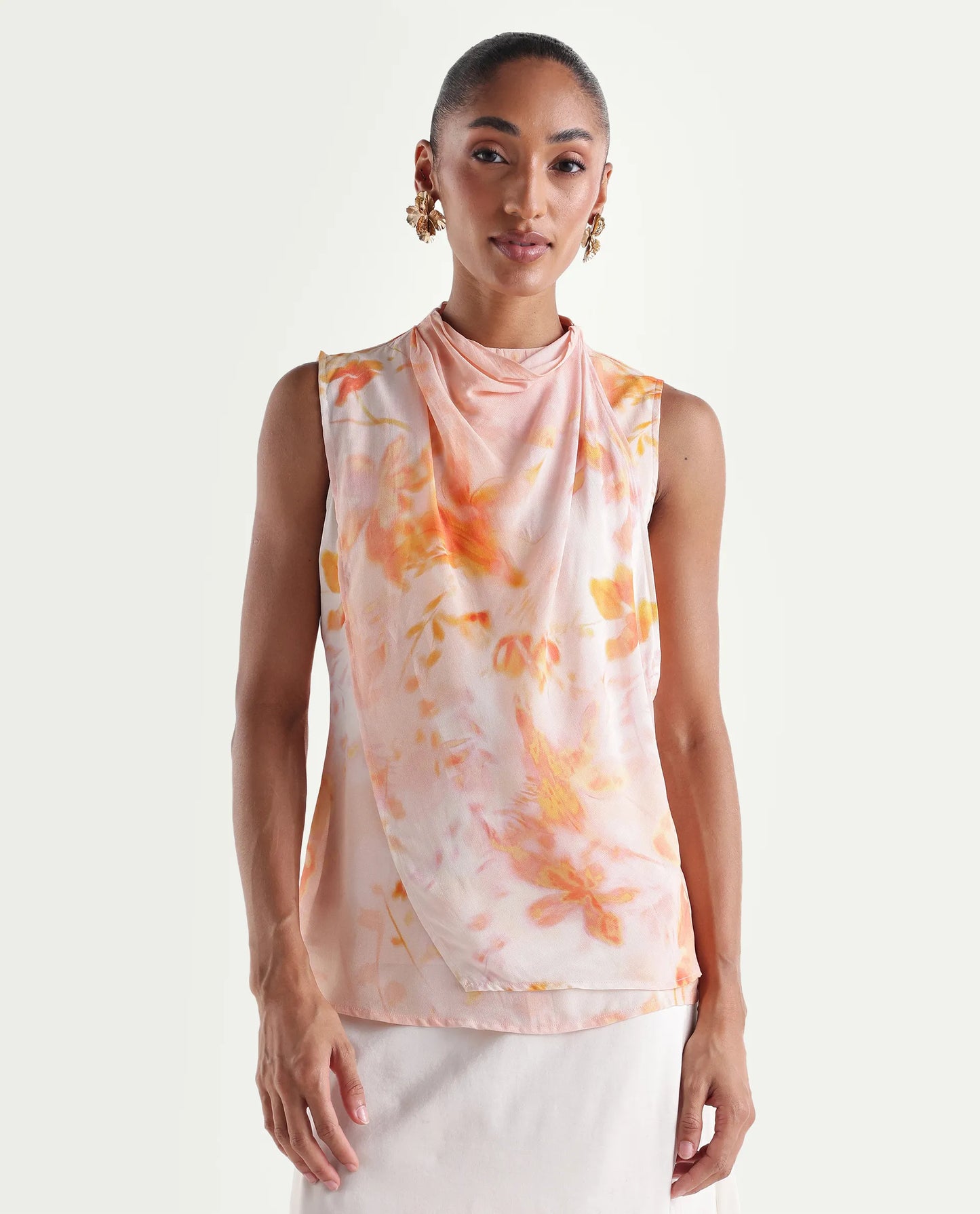 Rareism Women's Hetha Pastel Peach Viscose Blend High Neck Regular All Over Print Top