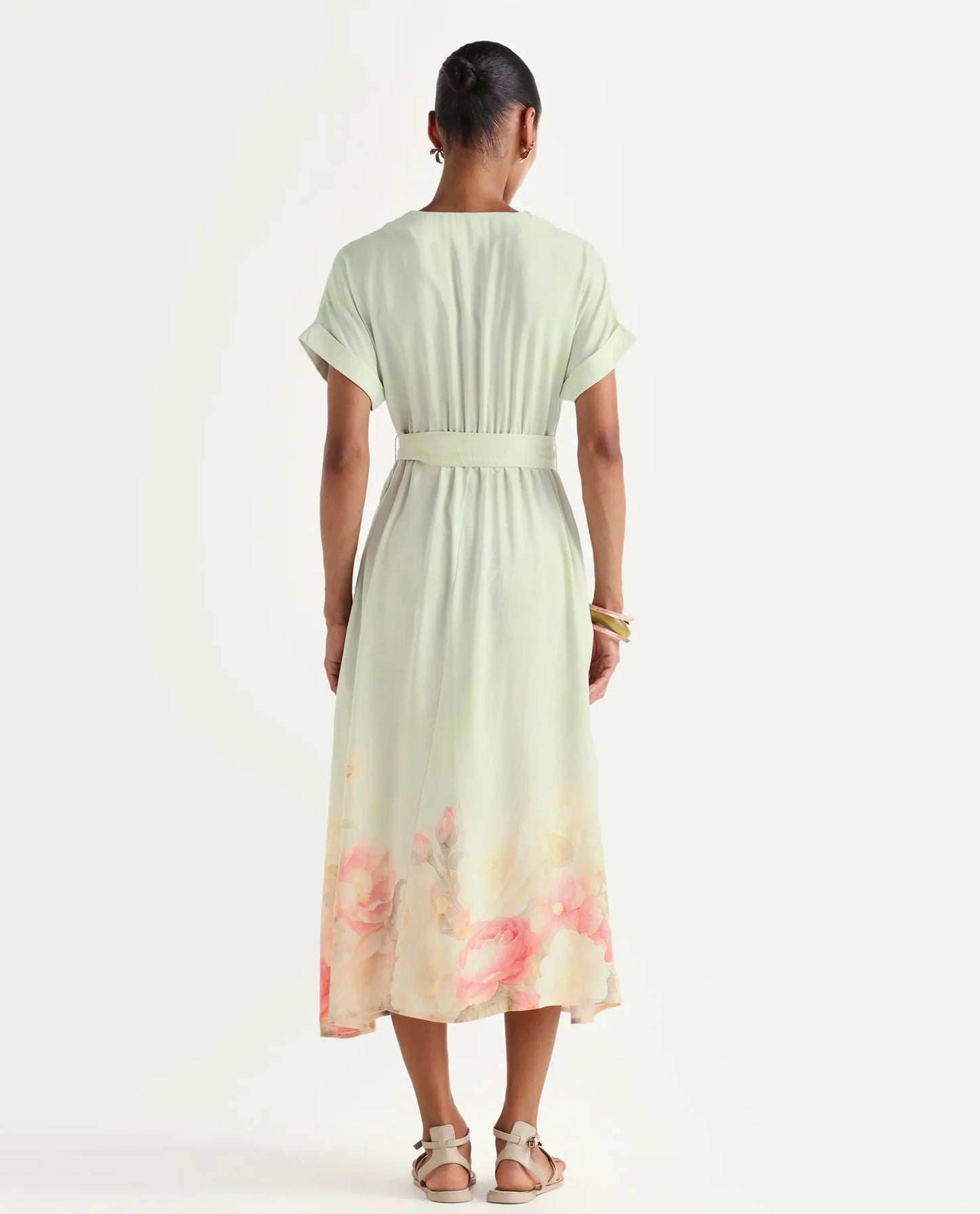 Rareism Women's Vlean Multi Viscose V-Neck Flared Floral Print Dress